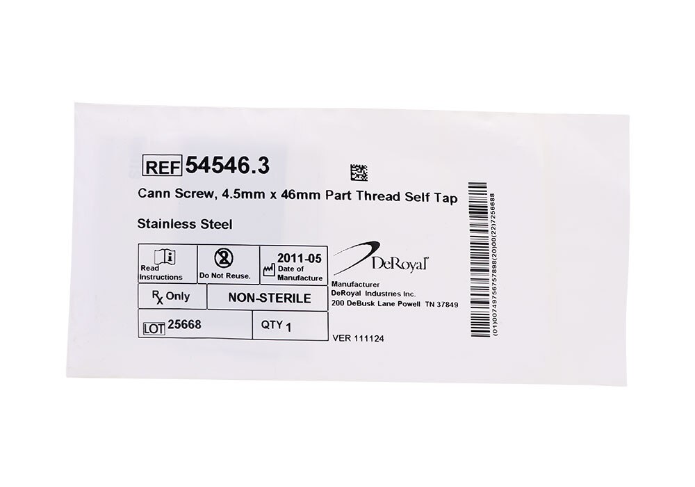 DeRoyal Cann Screw, 4.5mm x 46mm Part Thread Self Tap 54546.3 | ShopSPS